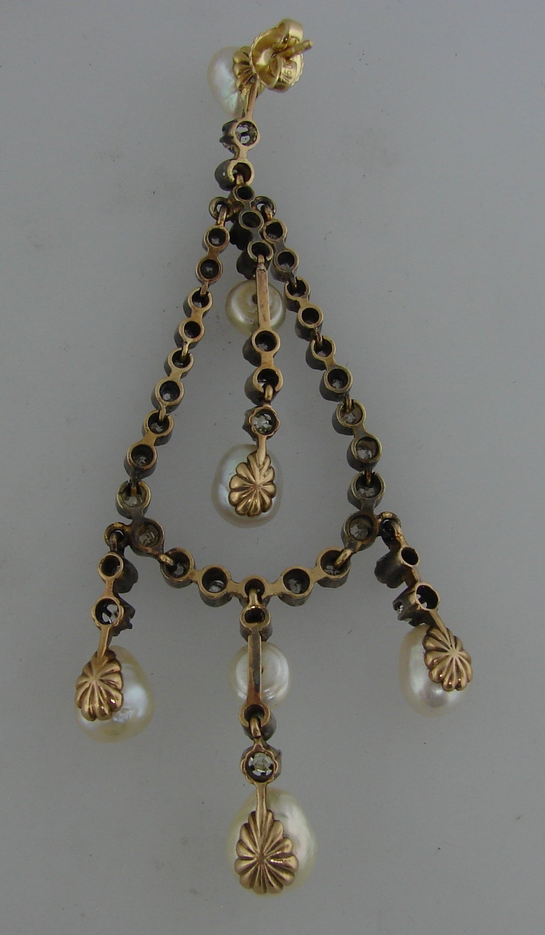 Victorian GIA Cert Natural Pearl Diamond Silver Gold Dangle Earrings 1