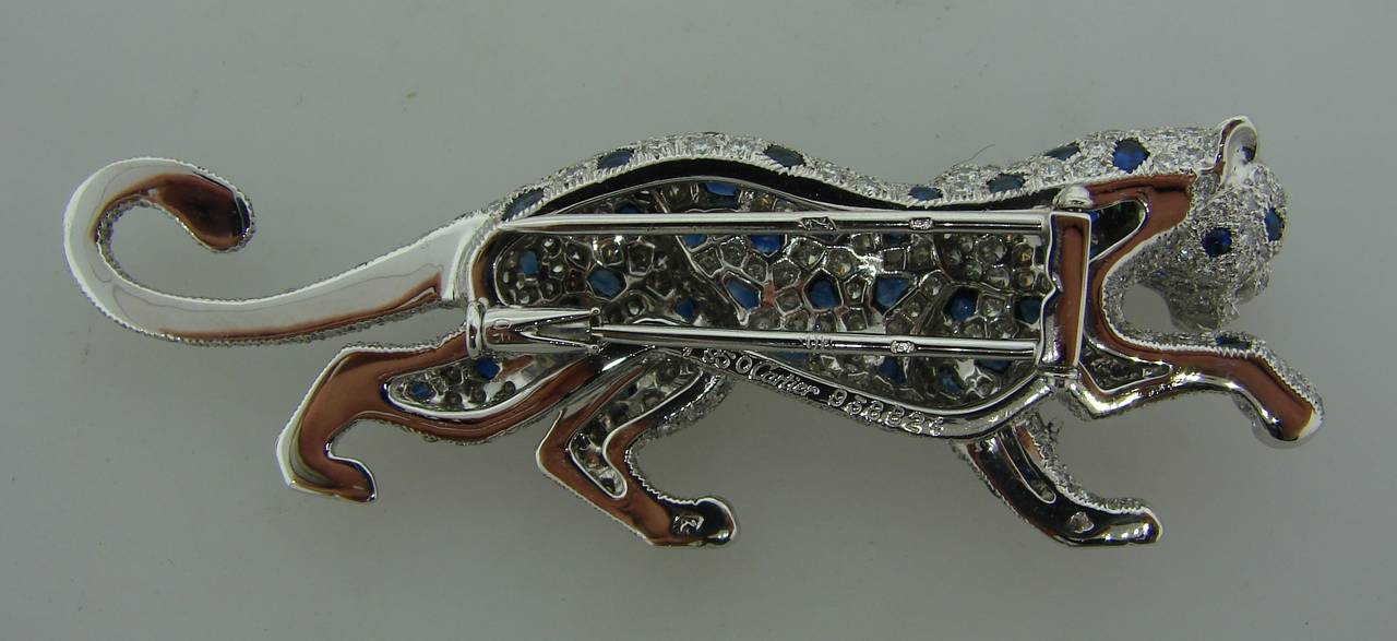 Cartier Sapphire Diamond Platinum Panthere Brooch Pin In Excellent Condition In Beverly Hills, CA