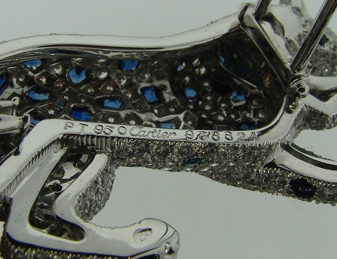 Women's Cartier Sapphire Diamond Platinum Panthere Brooch Pin