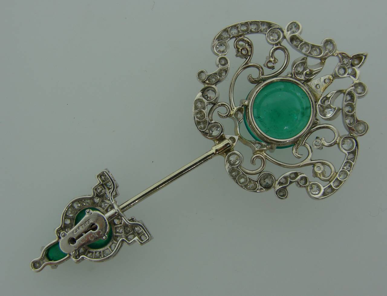 Women's Cartier Art Deco Emerald Diamond Platinum Jabot Pin Brooch