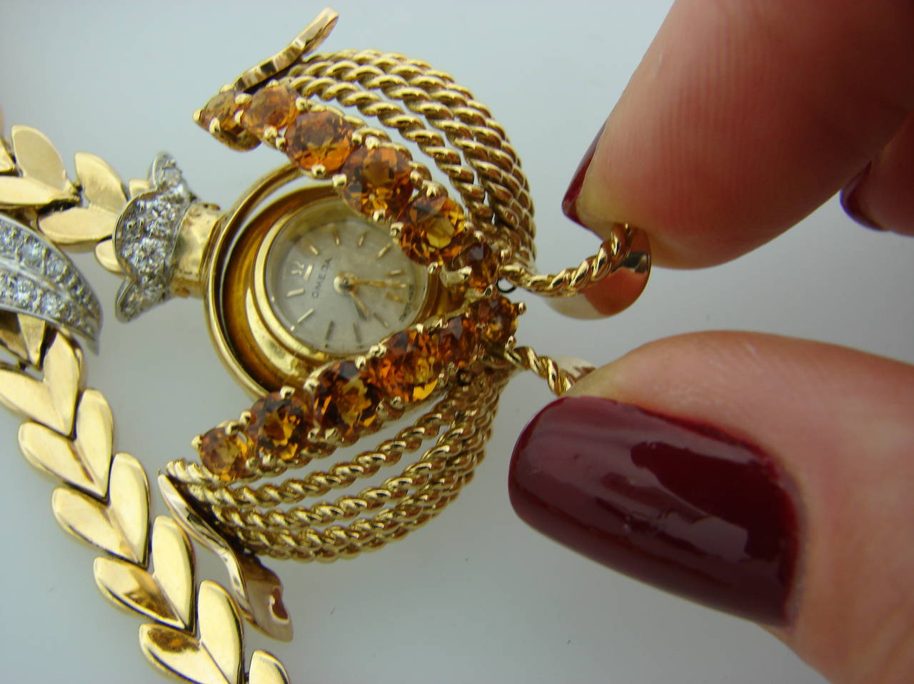 Omega Lady's Yellow Gold Diamond Citrine Retro Charm Watch Bracelet 5
