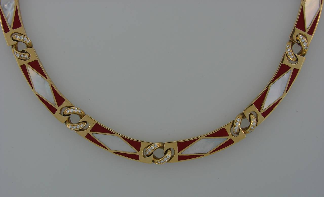 Bulgari Mother-of-Pearl Enamel Diamond Gold Necklace In Excellent Condition In Beverly Hills, CA