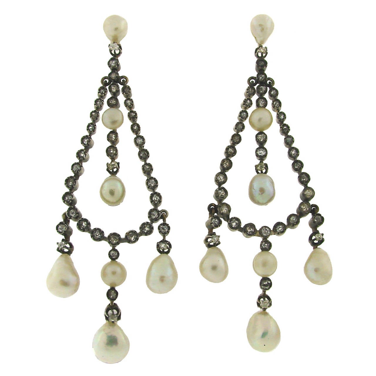 Victorian GIA Cert Natural Pearl Diamond Silver Gold Dangle Earrings