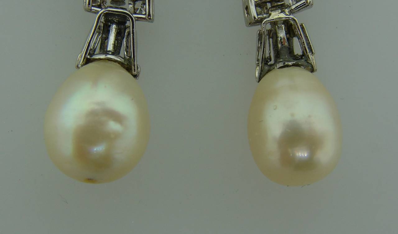 Mixed Cut Natural Saltwater Pearl Diamond Platinum Clip-On Earrings For Sale