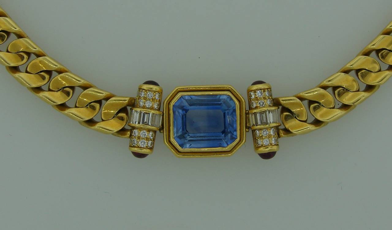 1970s Bulgari Sapphire Ruby Diamond Gold Necklace In Excellent Condition In Beverly Hills, CA