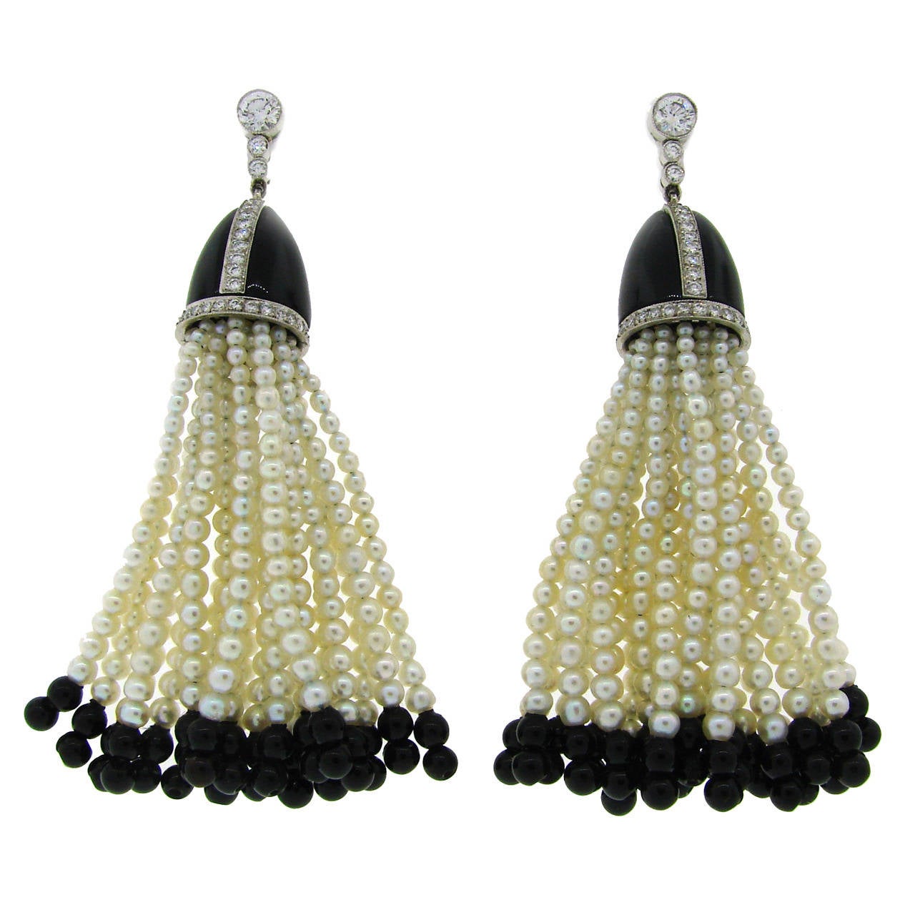 1960s Tiffany & Co. Seed Pearl Black Onyx Diamond Platinum Tassel Earrings
