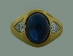 1970s Bulgari Cabochon Sapphire Diamond Gold Ring