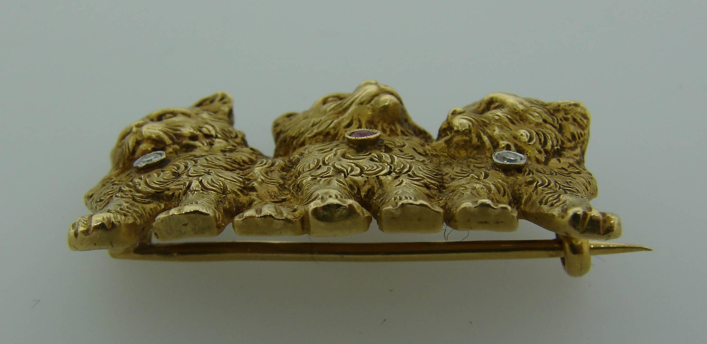 Edwardian 1900s Ruby Diamond Gold Three Cats Pin Brooch 1