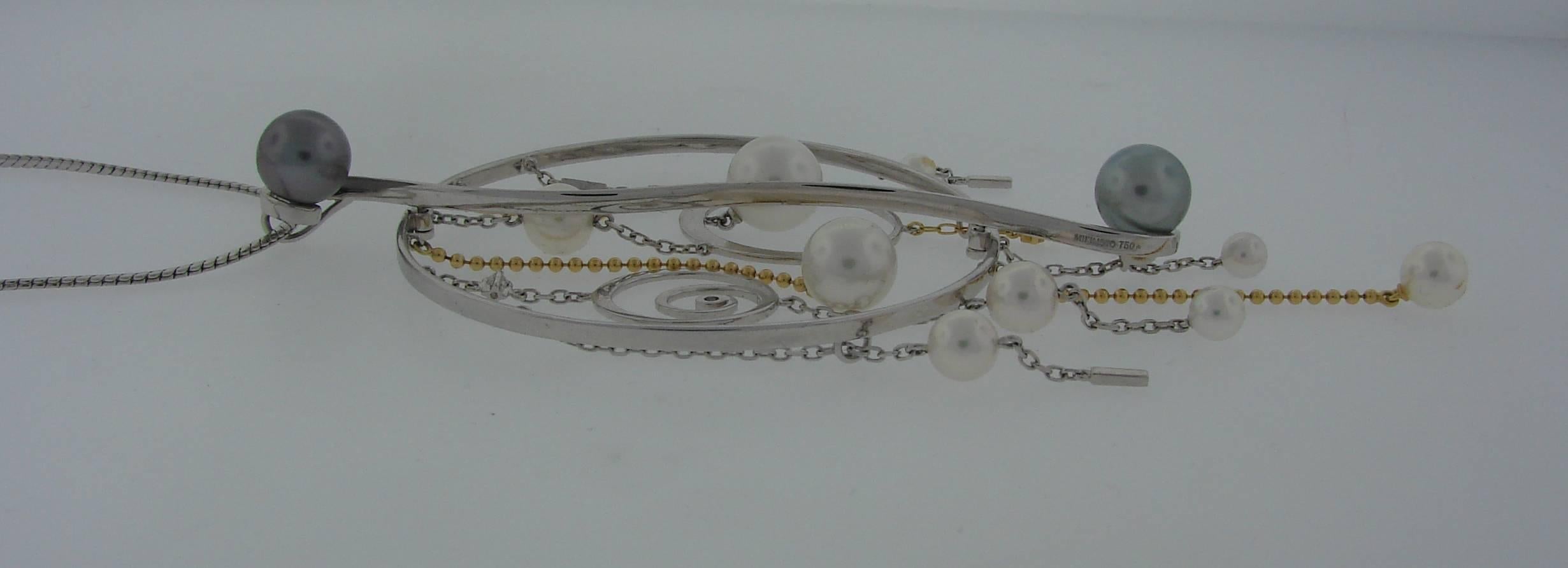 Mikimoto Pearl Diamond Gold Pendant Necklace Earrings Set 4