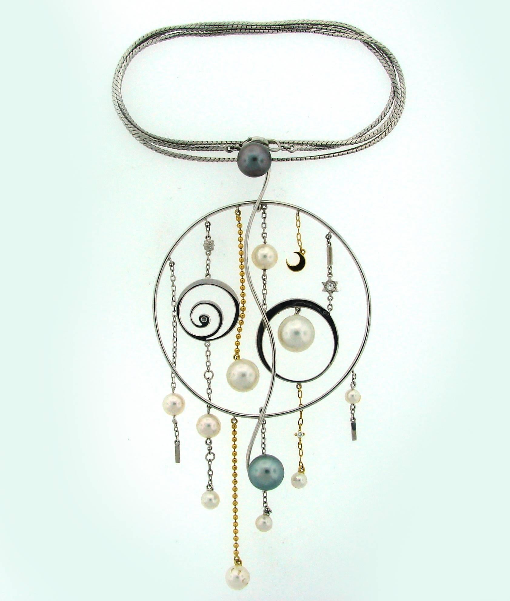 Mikimoto Pearl Diamond Gold Pendant Necklace Earrings Set 1