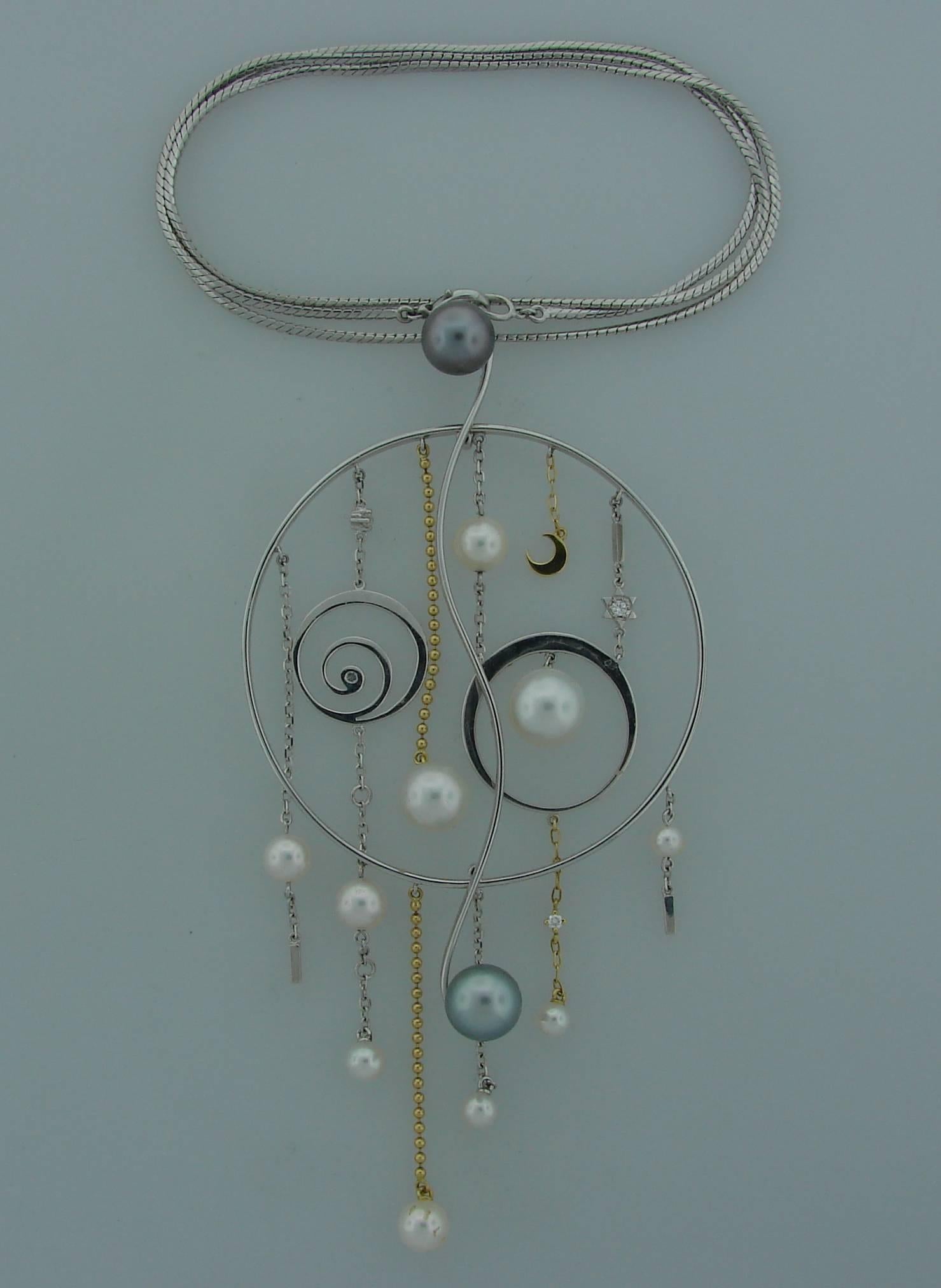 Women's Mikimoto Pearl Diamond Gold Pendant Necklace Earrings Set