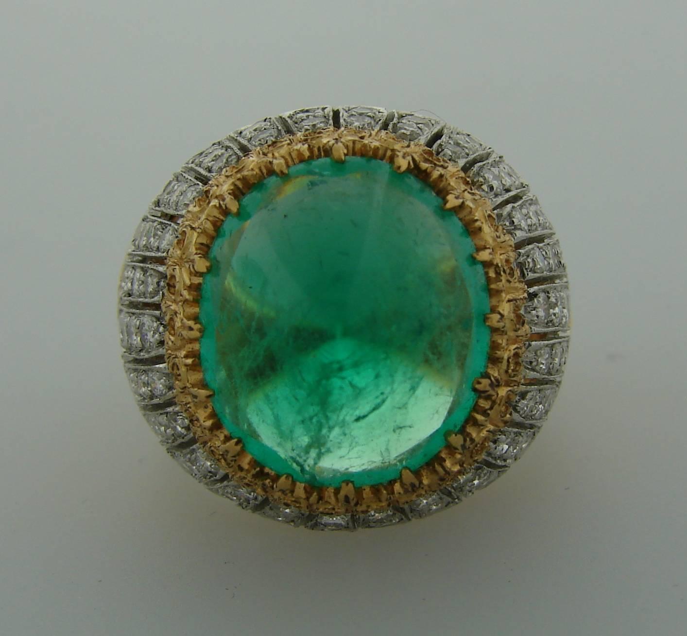 1970s Buccellati Sugarloaf Emerald Diamond Gold Ring In Excellent Condition In Beverly Hills, CA