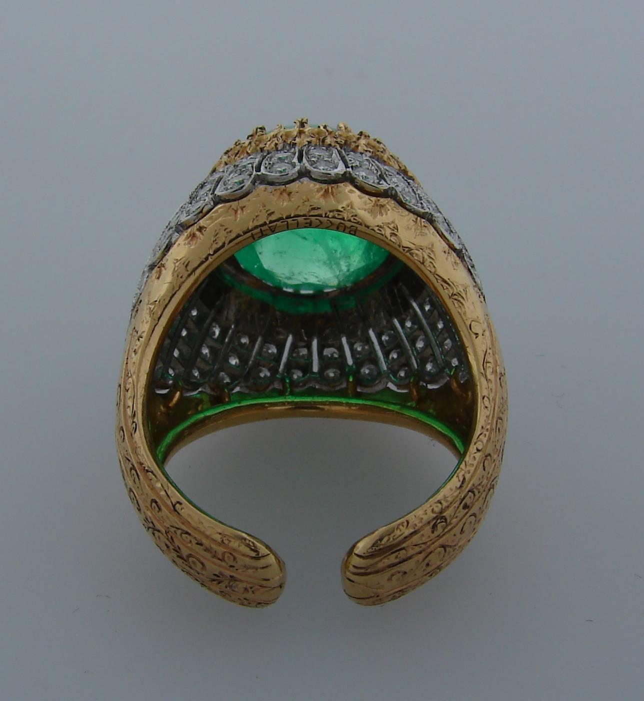 1970s Buccellati Sugarloaf Emerald Diamond Gold Ring 1