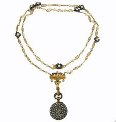 1900s Pearl Diamond Silver Gold Jaeger leCoultre Watch Pendant Necklace