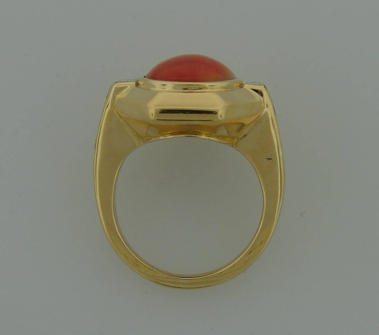 1980s BULGARI BVLGARI Coral Diamond Gold Ring 4