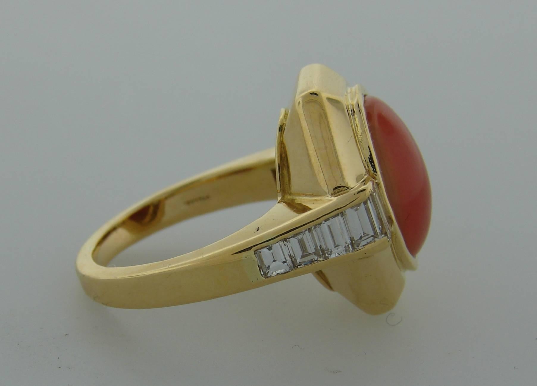 1980s BULGARI BVLGARI Coral Diamond Gold Ring 2