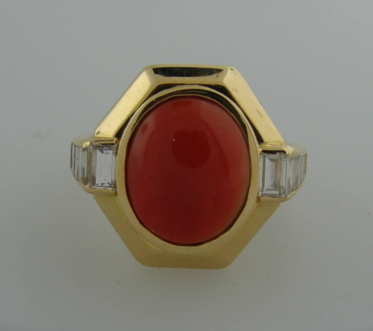 1980s BULGARI BVLGARI Coral Diamond Gold Ring In Excellent Condition In Beverly Hills, CA