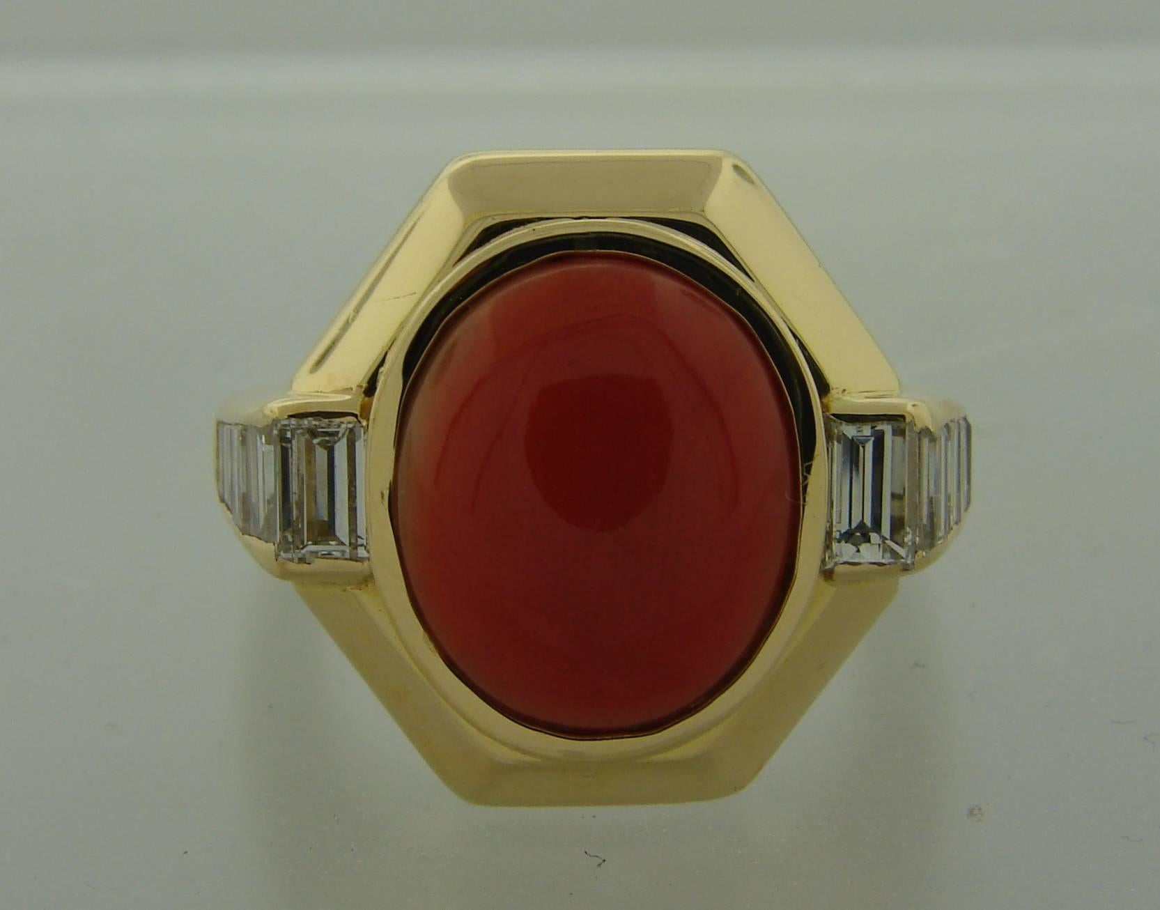 1980s BULGARI BVLGARI Coral Diamond Gold Ring 1