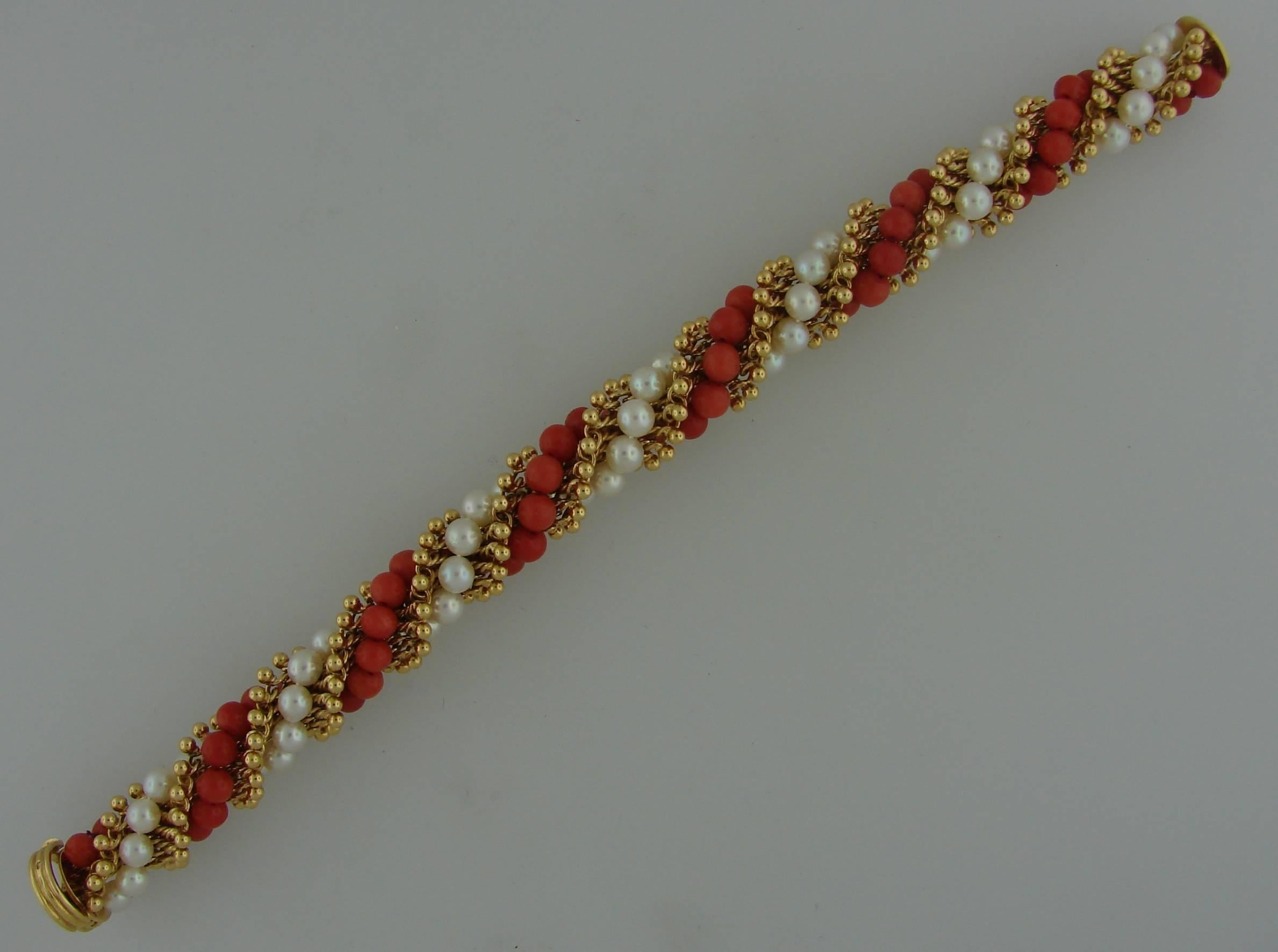 1970s Van Cleef & Arpels Coral Pearl Gold Bracelet 2