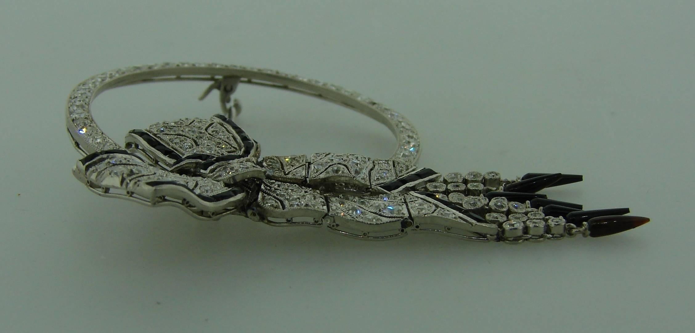 1900s Edwardian Black Onyx Diamond Platinum Clip Brooch Pin 2