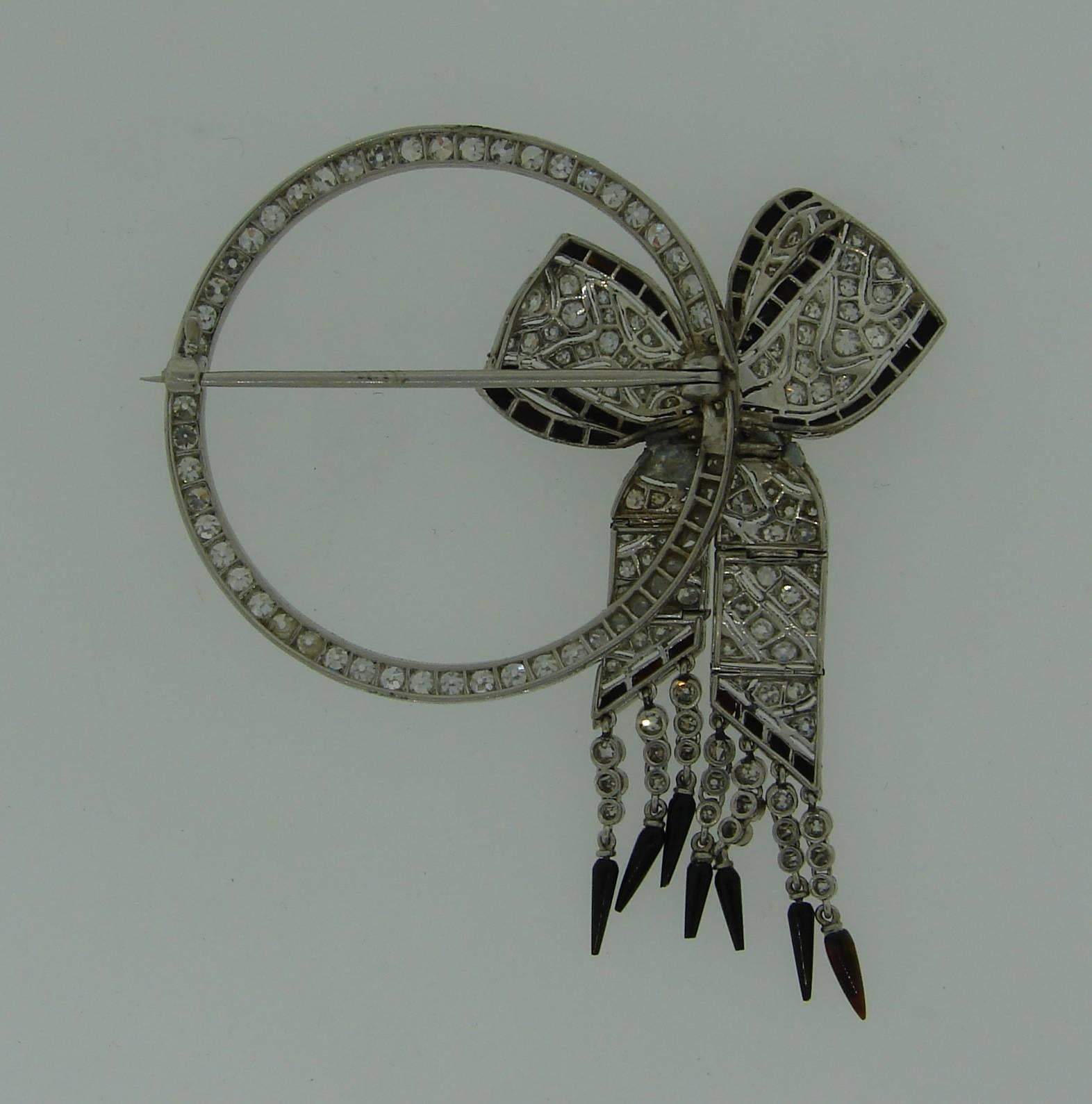 Women's 1900s Edwardian Black Onyx Diamond Platinum Clip Brooch Pin