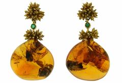 1970s Cipullo Amber Emerald Gold Earrings