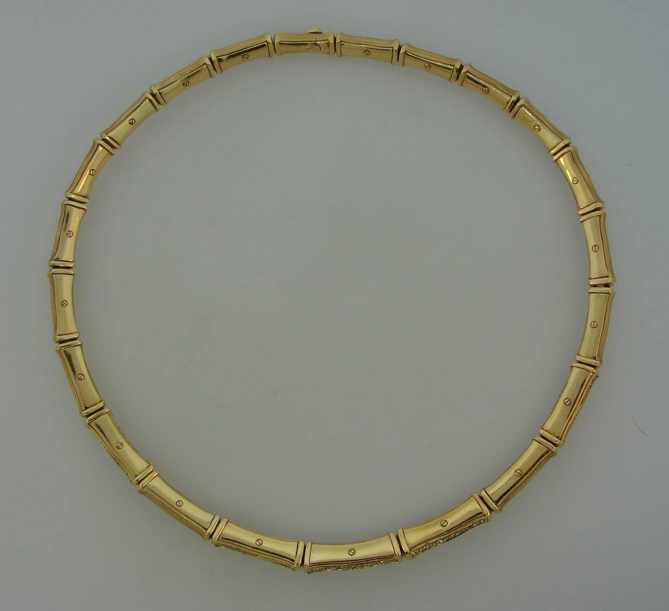 Round Cut Cartier Diamond Gold Bamboo Necklace