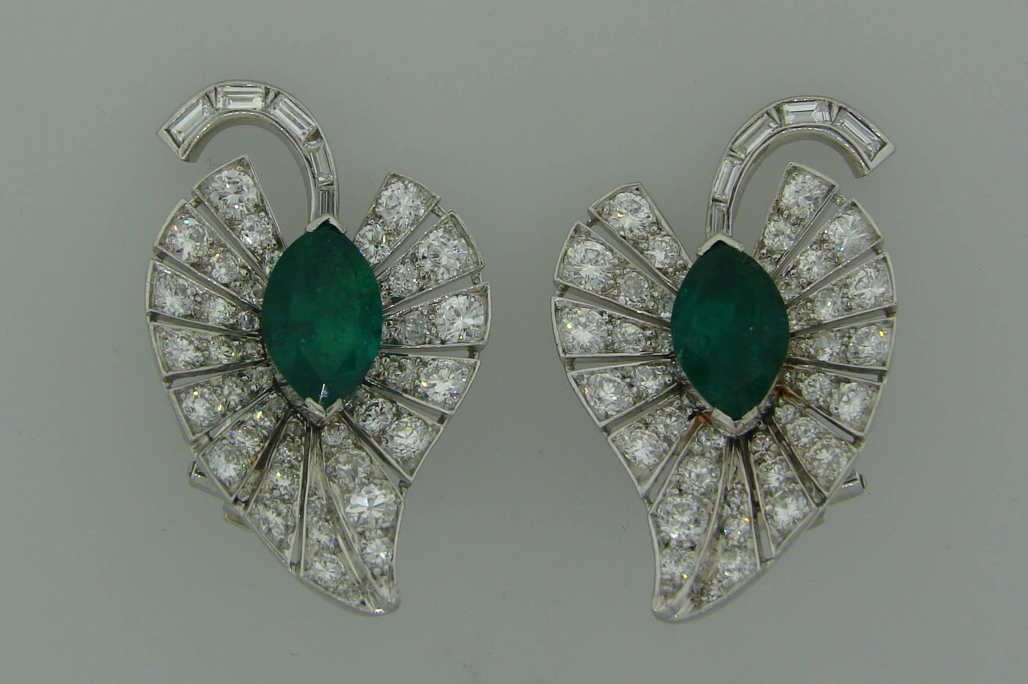 A pair of gorgeous Art Deco Revival earrings created in the 1960's. Their design was inspired by floral motif and they are created in the shape of a leaf. The earrings look very charming on the ear. 
They are tastefully made of platinum, feature