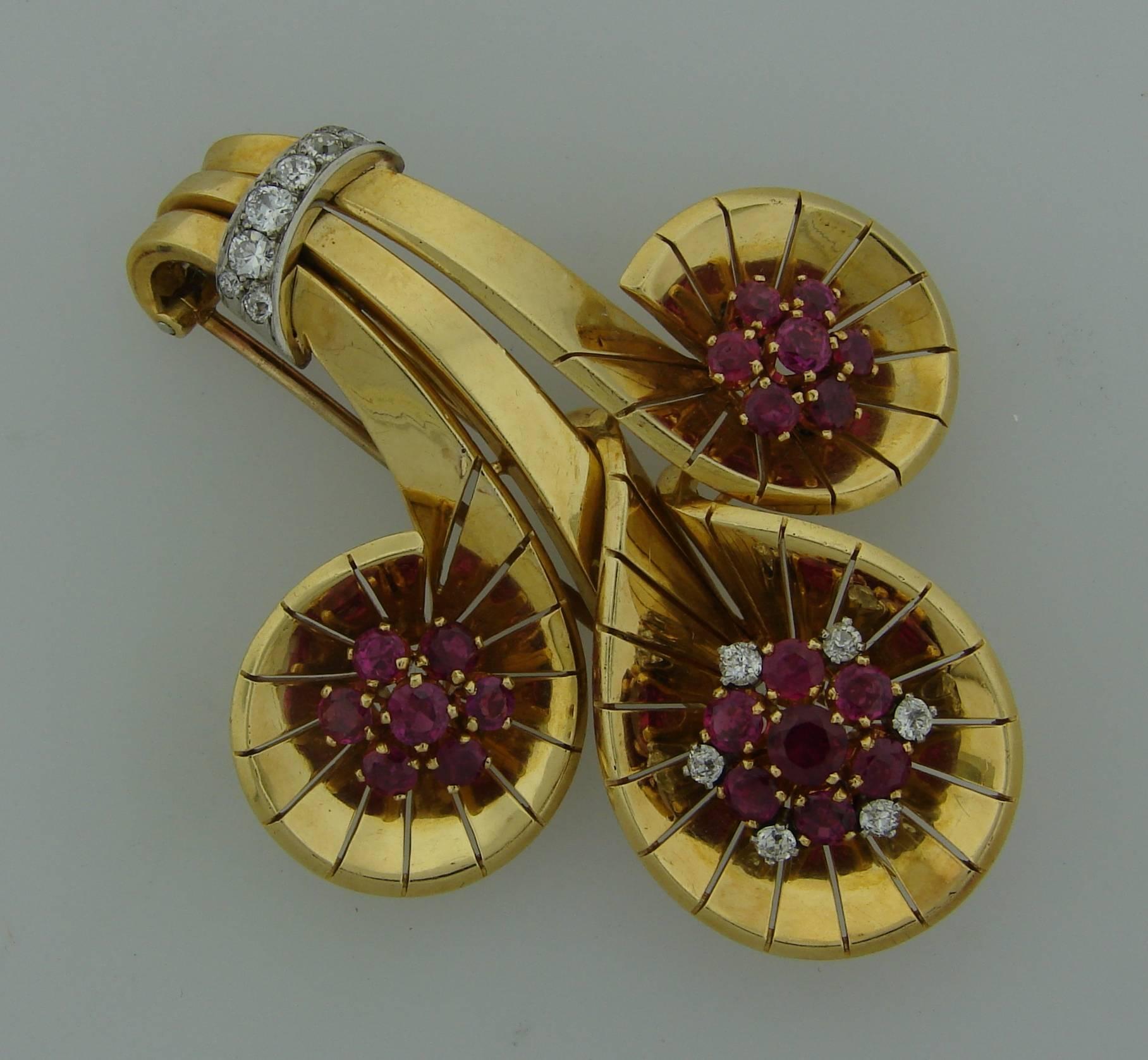 Retro 1942 Cartier Ruby Diamond Gold Clip Pin Brooch For Sale