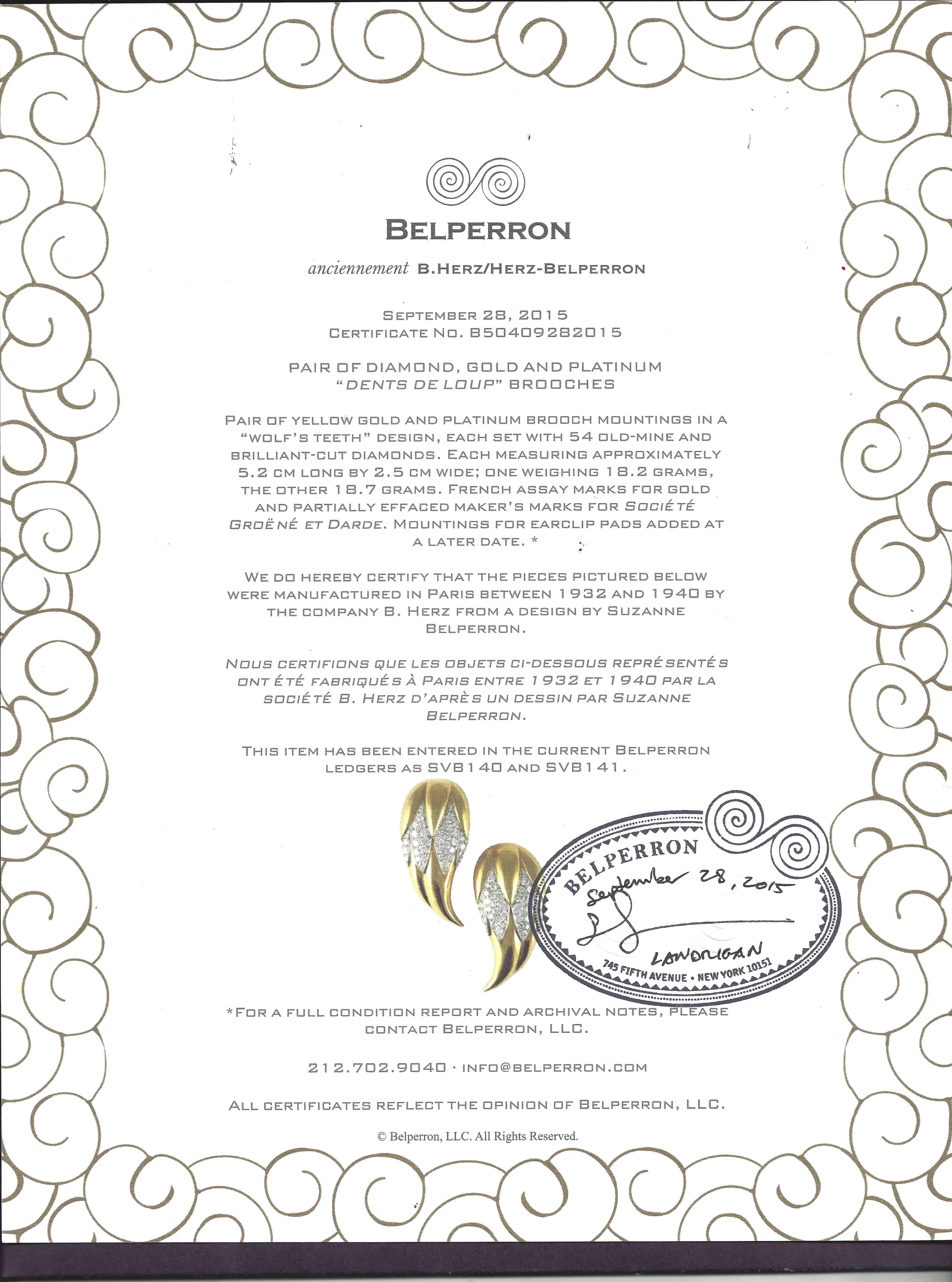 Suzanne Belperron Dents de Loup Diamond Gold Platinum Clip Brooches 2
