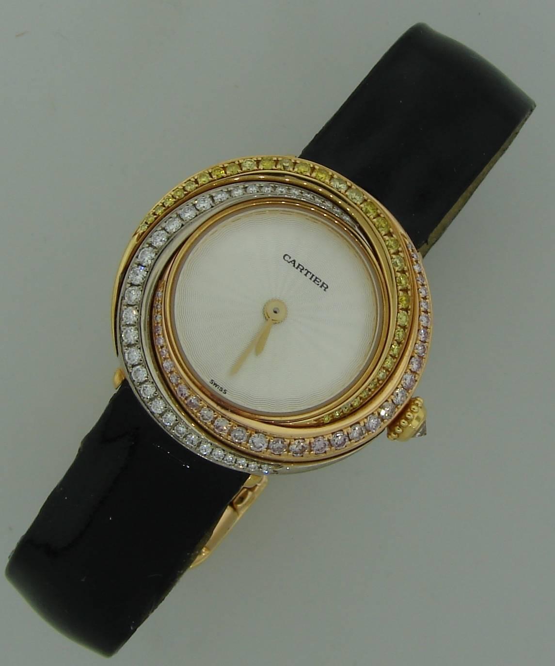 Cartier Lady's Three Color Gold Diamond Trinity Quartz Wristwatch  In Excellent Condition In Beverly Hills, CA