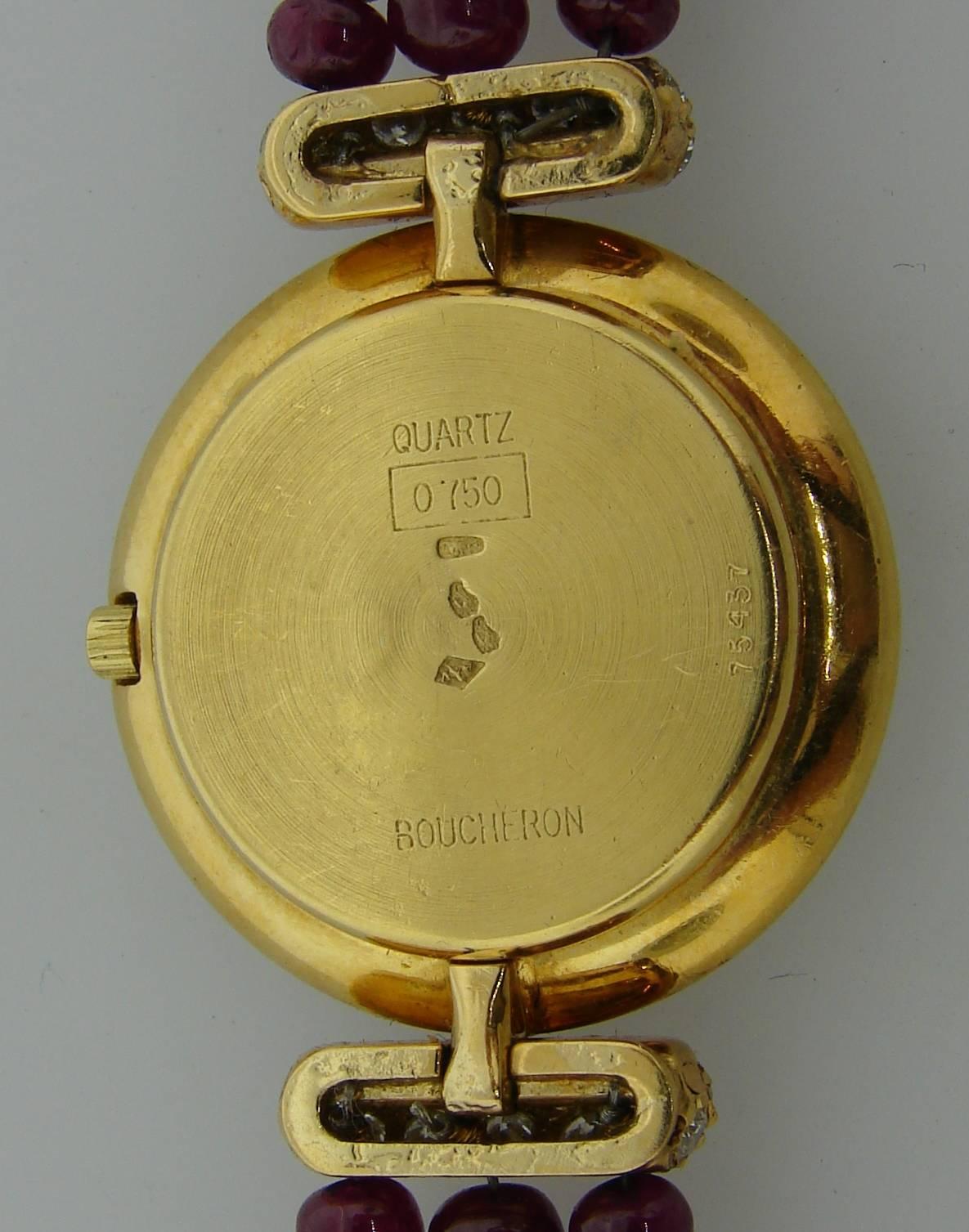 Women's Vintage Boucheron 18k Yellow Gold Lady's Wristwatch Diamond Ruby Quartz For Sale