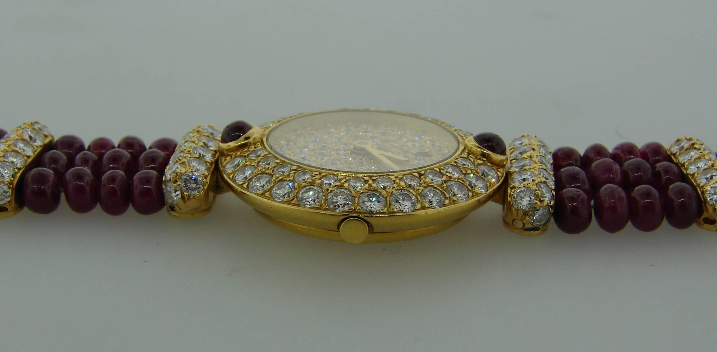 Mixed Cut Vintage Boucheron 18k Yellow Gold Lady's Wristwatch Diamond Ruby Quartz For Sale
