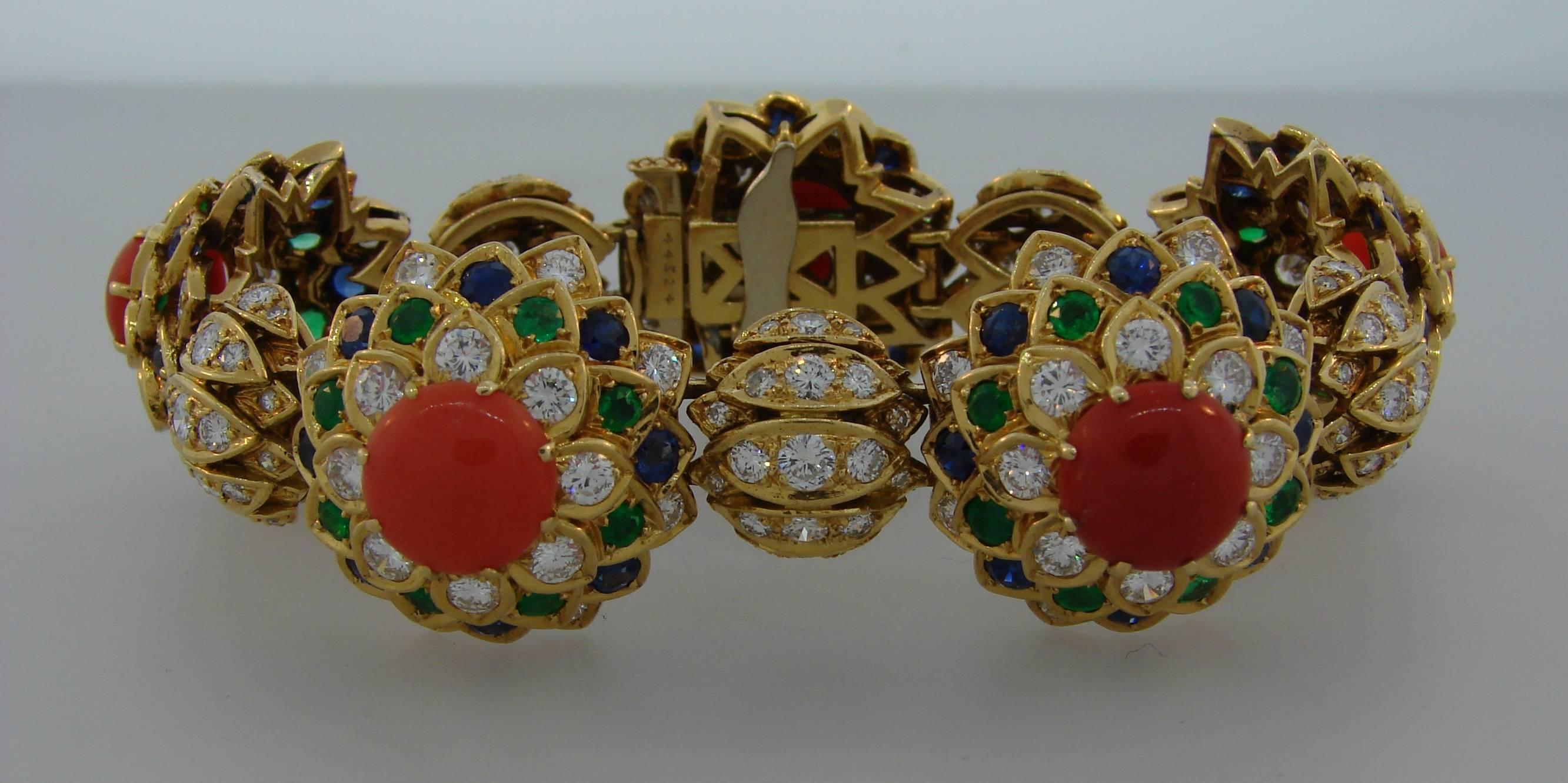 1950s Cartier Coral Diamond Sapphire Emerald Gold Bracelet 1