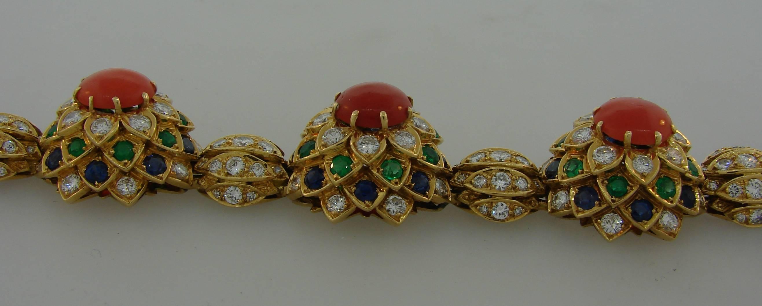 1950s Cartier Coral Diamond Sapphire Emerald Gold Bracelet 2