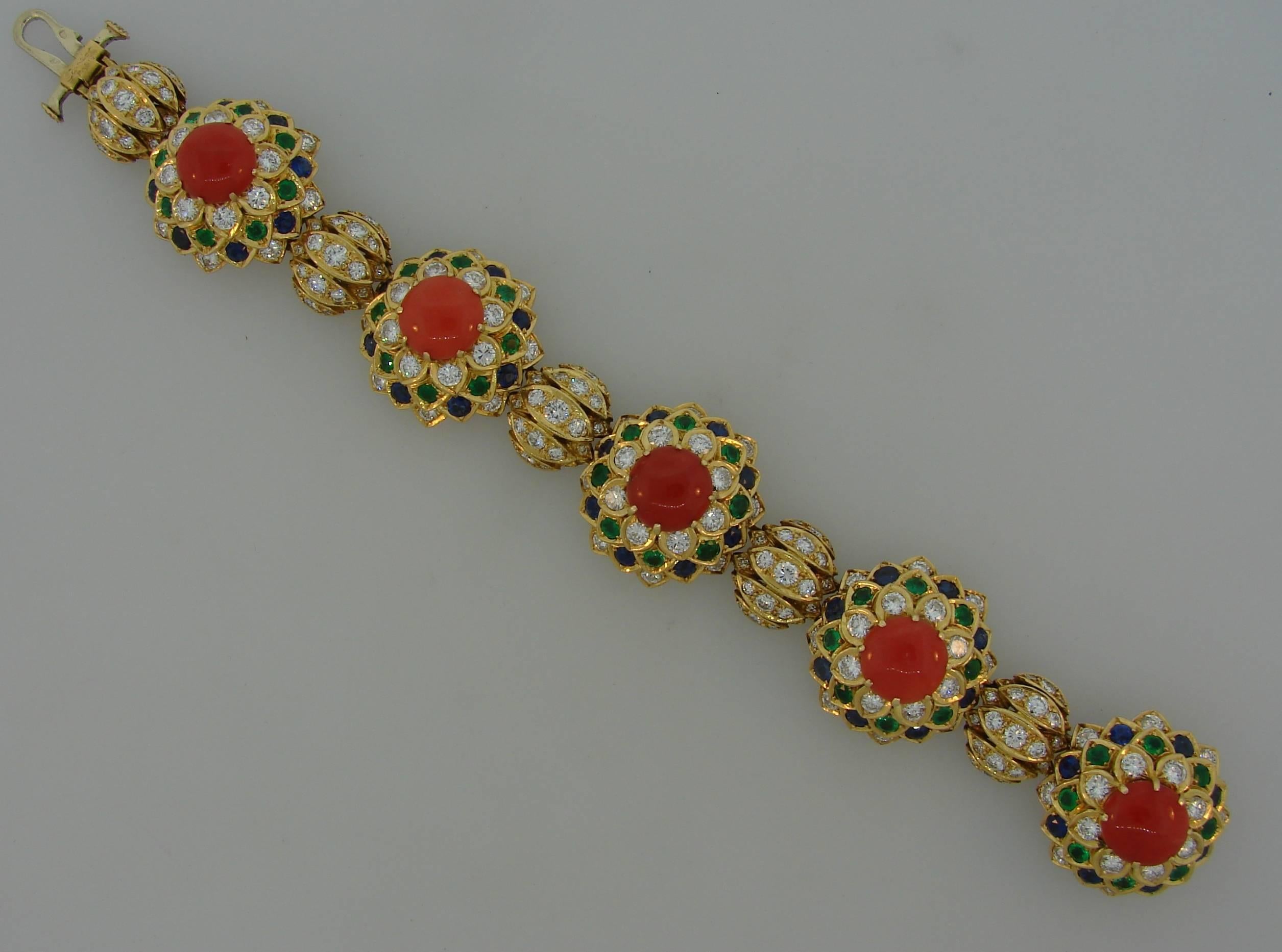 1950s Cartier Coral Diamond Sapphire Emerald Gold Bracelet In Excellent Condition In Beverly Hills, CA