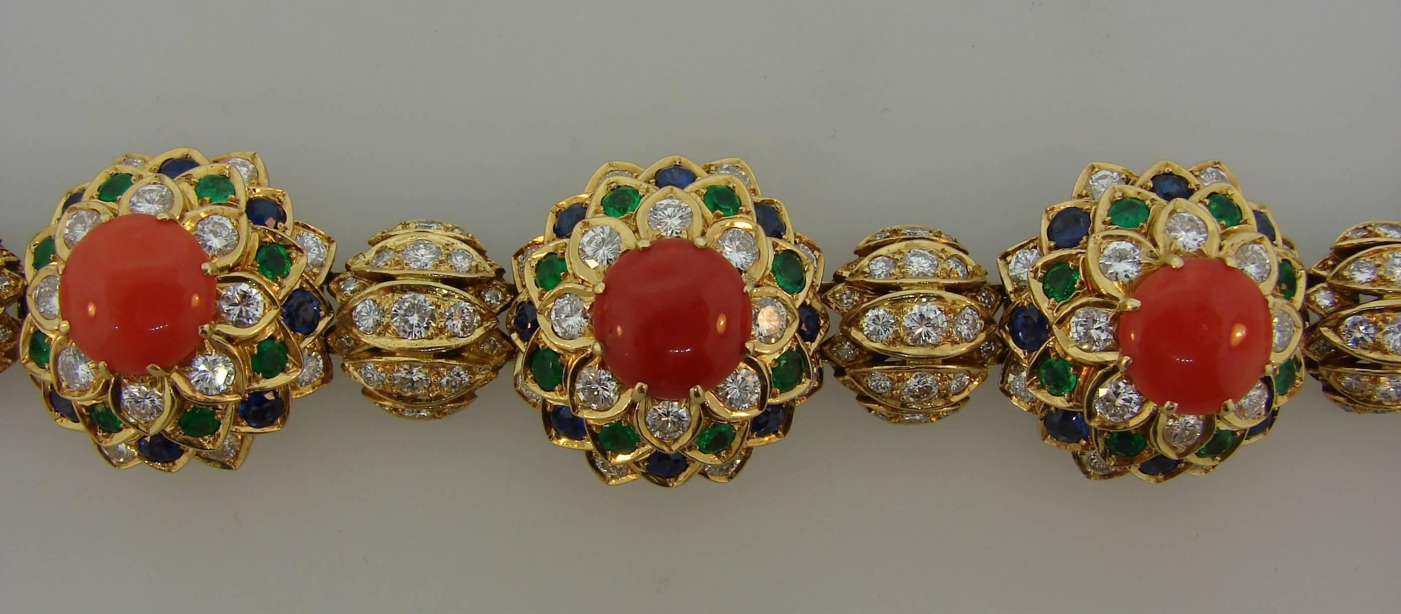 Women's 1950s Cartier Coral Diamond Sapphire Emerald Gold Bracelet
