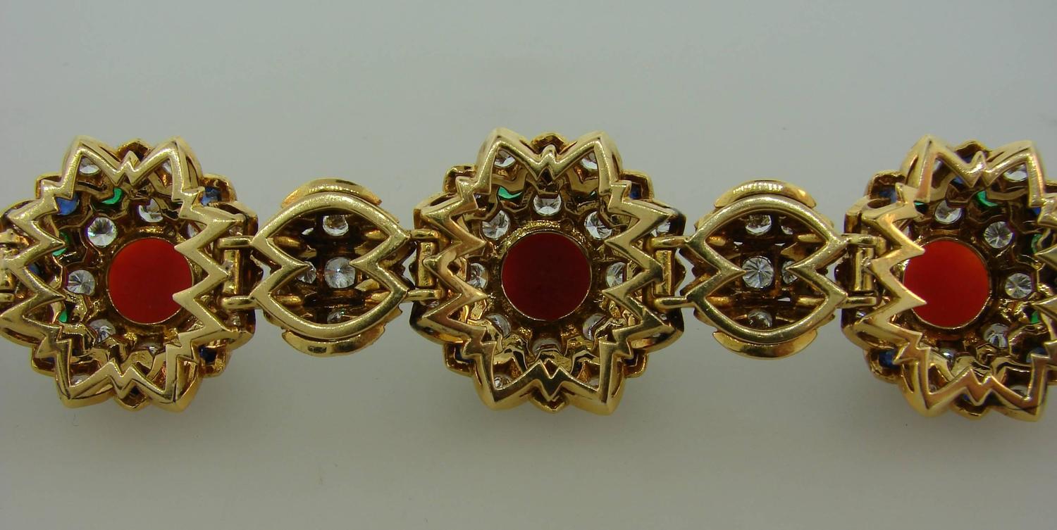 1950s Cartier Coral Diamond Sapphire Emerald Gold Bracelet For Sale at ...