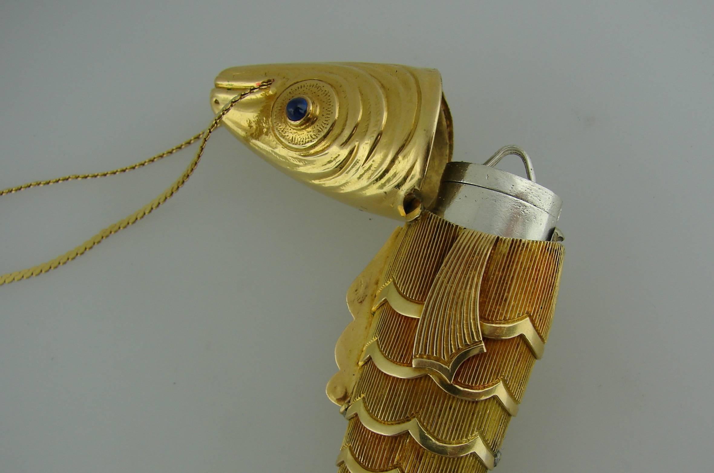 1960s Tiffany Schlumberger Gold Fish Pendant Necklace Lighter Pillbox Container In Excellent Condition In Beverly Hills, CA