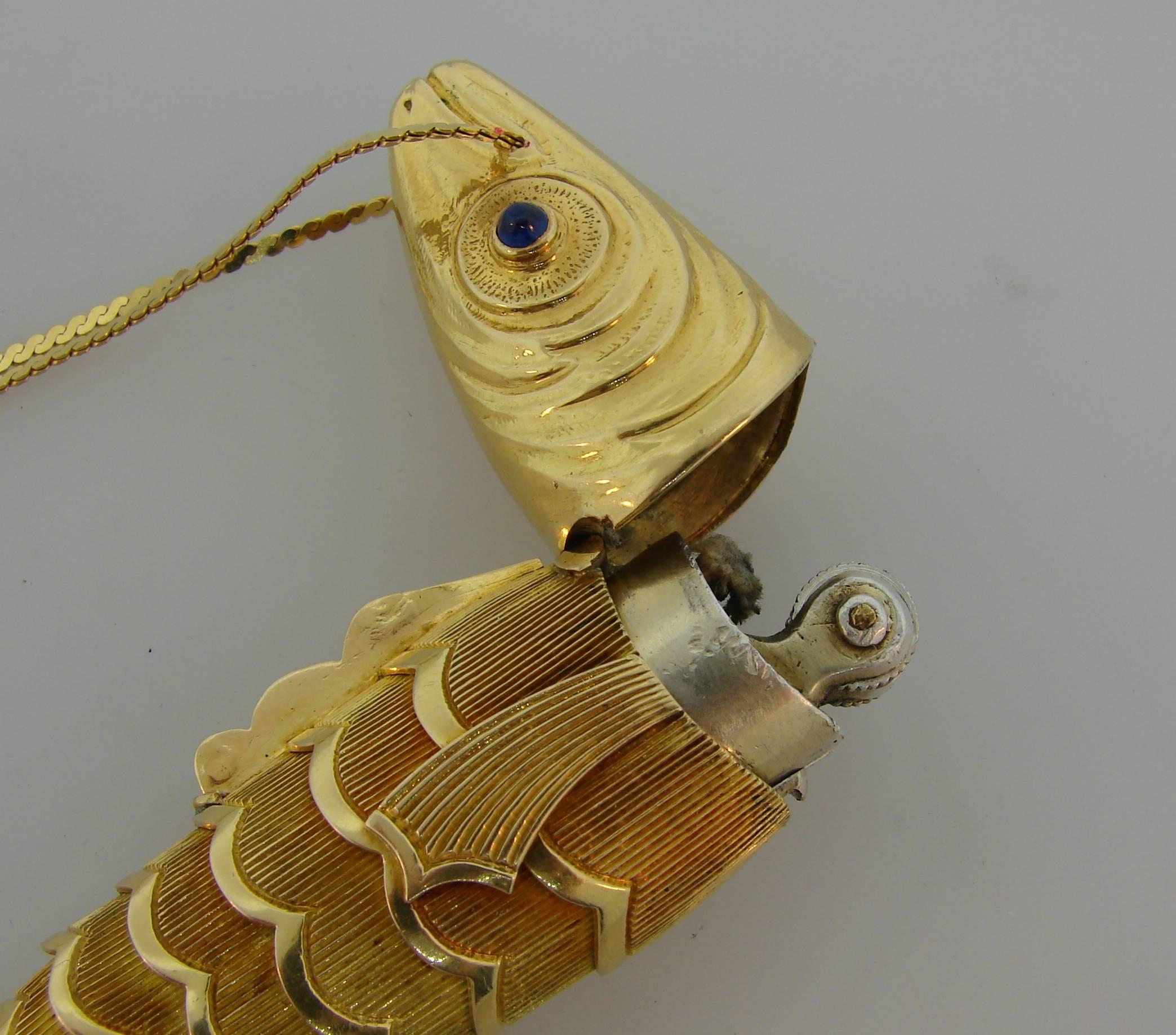 Women's or Men's 1960s Tiffany Schlumberger Gold Fish Pendant Necklace Lighter Pillbox Container