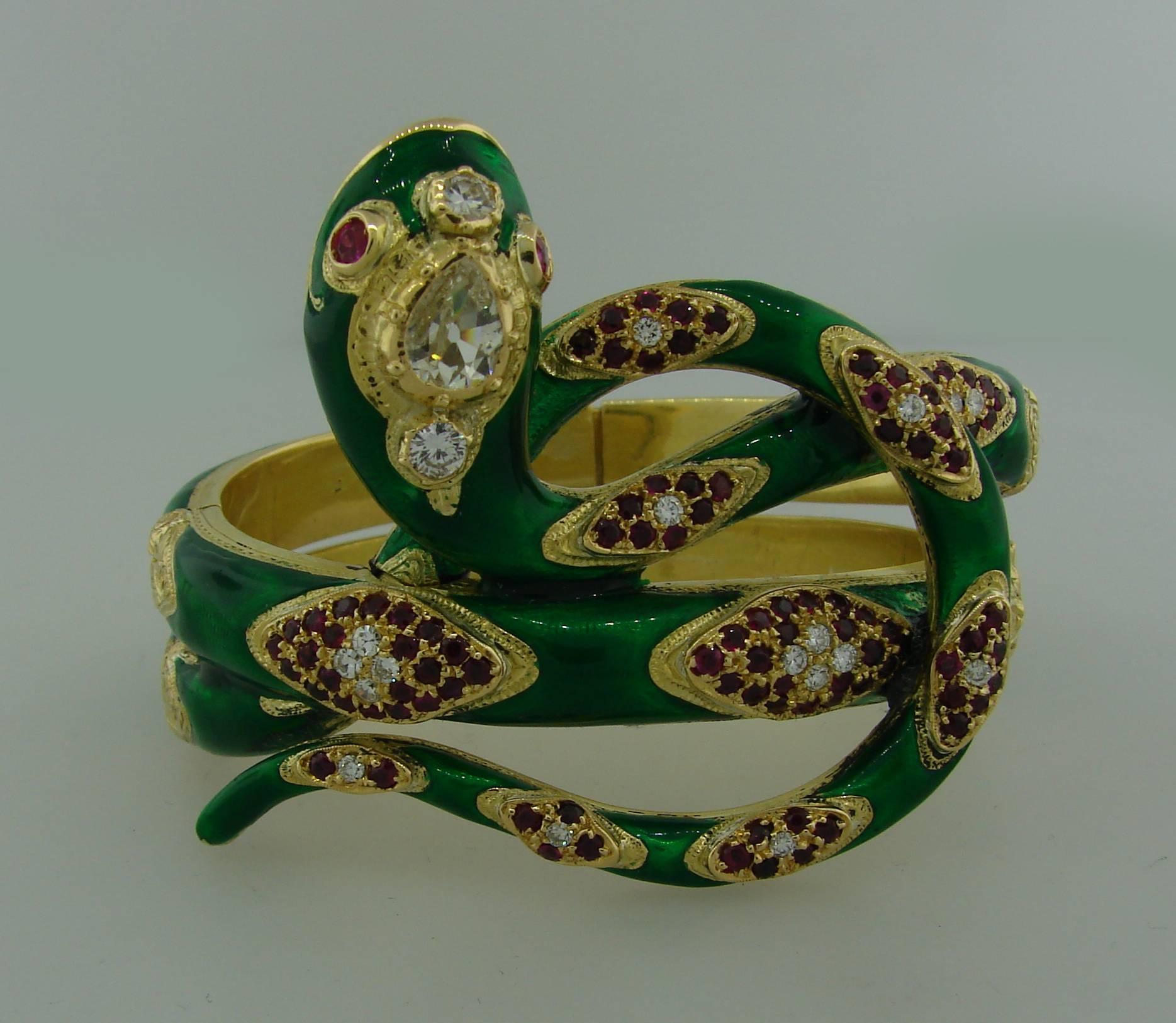  Nardi Venice Ruby Enamel Diamond Gold Snake Bangle Bracelet In Excellent Condition In Beverly Hills, CA