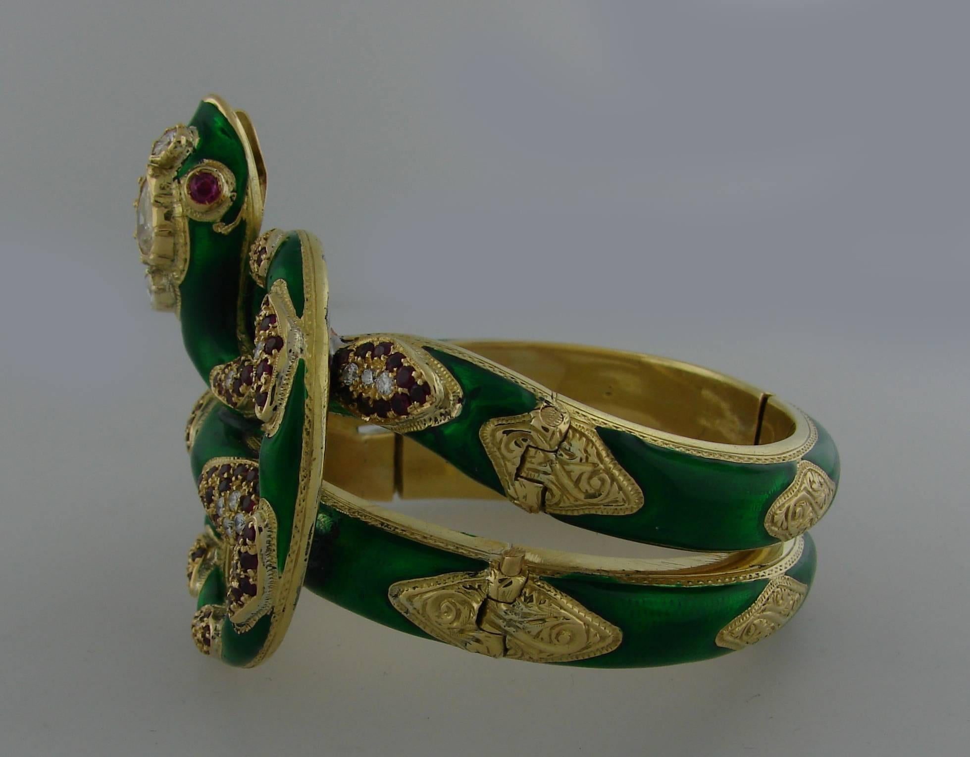  Nardi Venice Ruby Enamel Diamond Gold Snake Bangle Bracelet 2