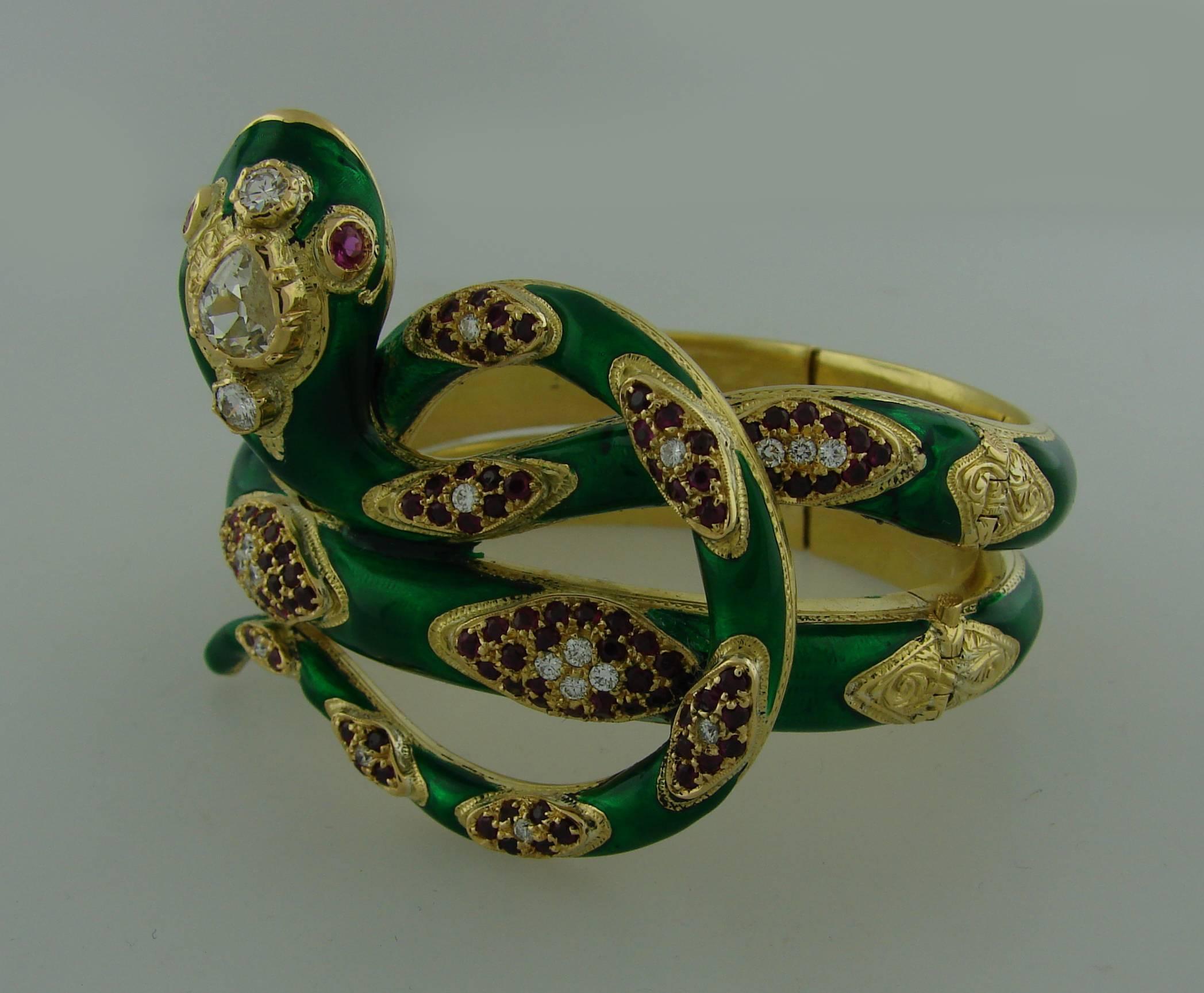Women's  Nardi Venice Ruby Enamel Diamond Gold Snake Bangle Bracelet
