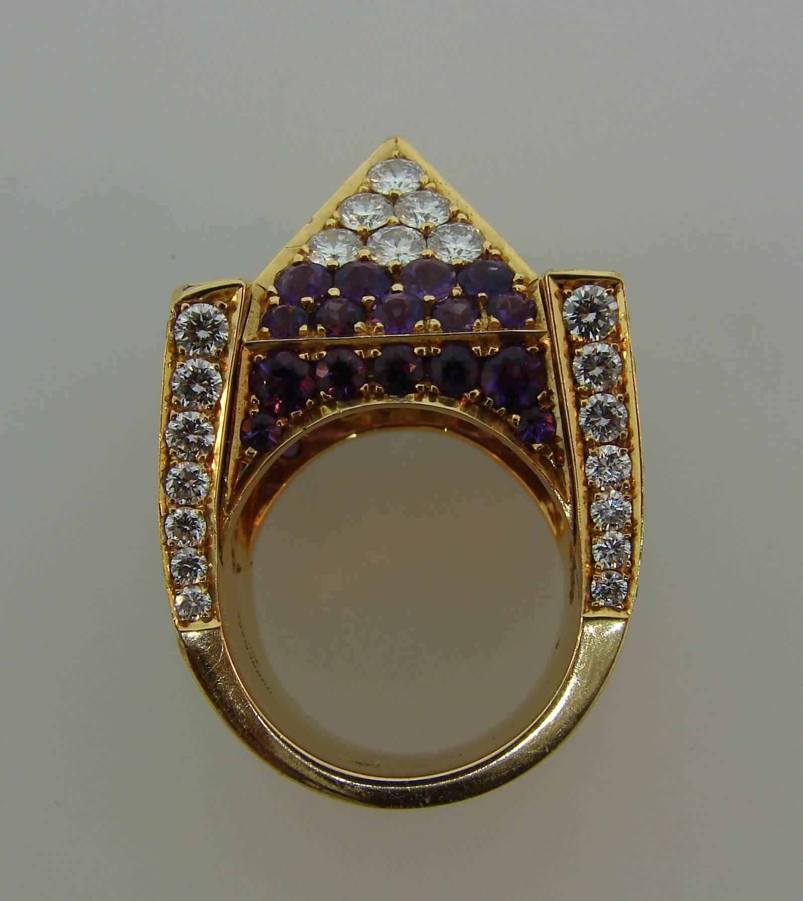 1990s Hornemann Amethyst Diamond Gold Pyramid Ring 1
