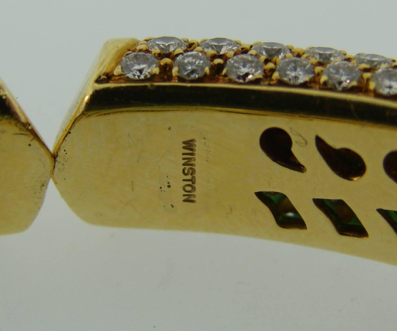 Women's 1990s Harry Winston Emerald Diamond Gold Bangle Bracelet For Sale