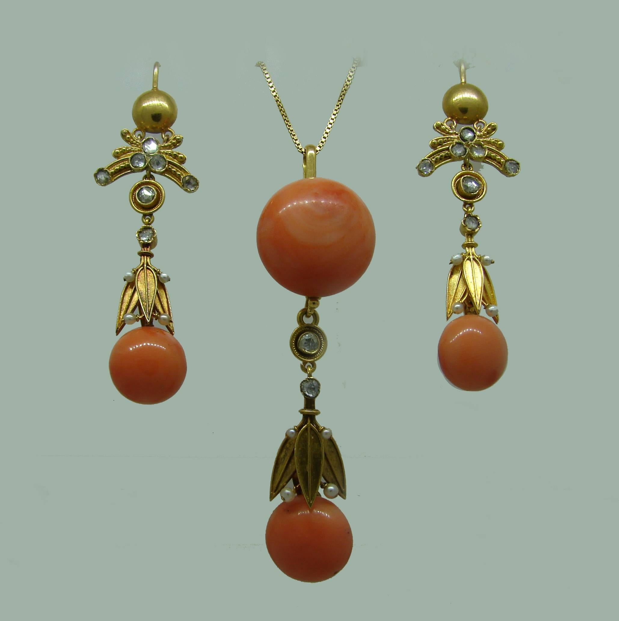 Beautiful Victorian coral set created in the beginning of 1900's. Feminine, elegant and timeless. Tasteful combination of coral, yellow gold, pearl and subtle sparkle of rose cut diamonds, classic design are the highlights of this remarkable set. It