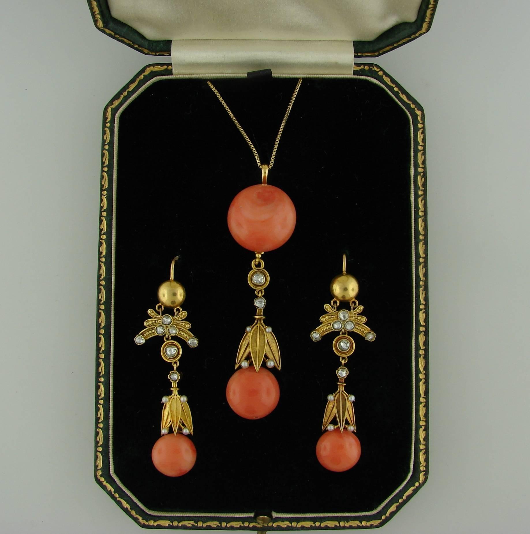 Victorian Coral Diamond Pearl Gold Pendant Necklace Earrings Set In Excellent Condition In Beverly Hills, CA