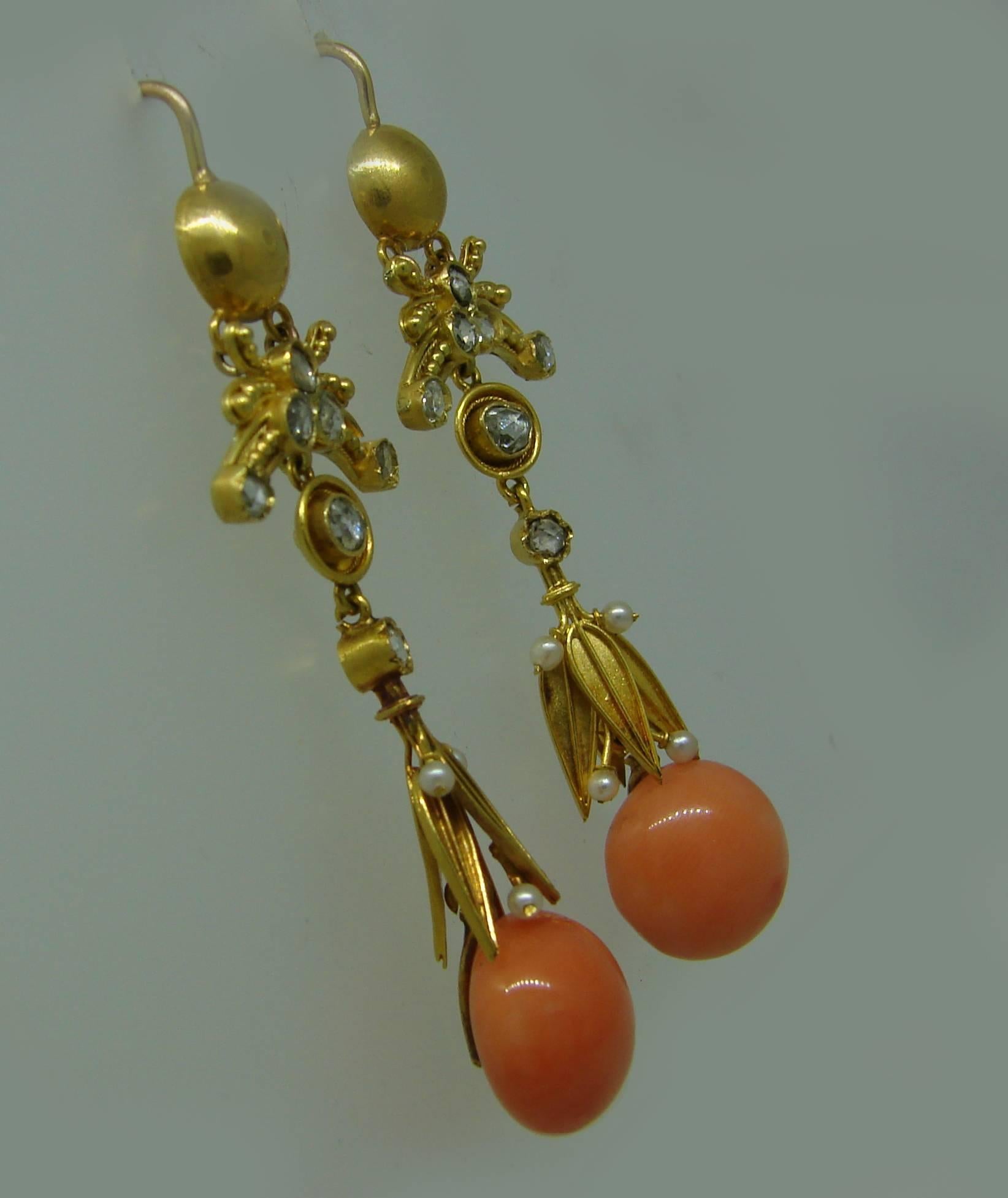 Victorian Coral Diamond Pearl Gold Pendant Necklace Earrings Set 2