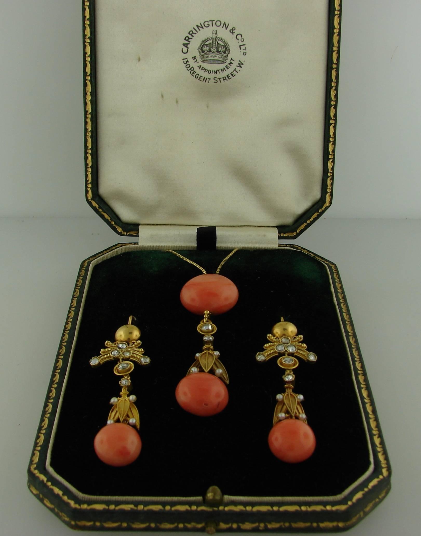 Victorian Coral Diamond Pearl Gold Pendant Necklace Earrings Set 5