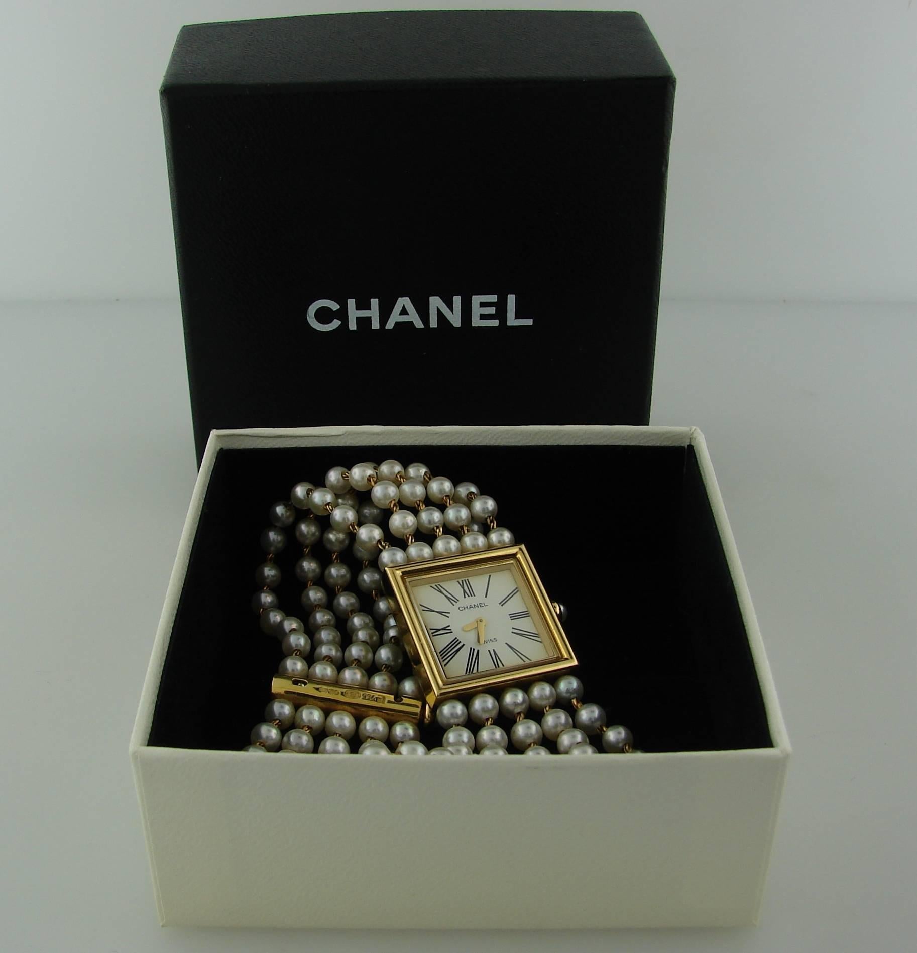 Chanel Ladies Yellow Gold Pearl Mademoiselle Bracelet Wristwatch In Excellent Condition In Beverly Hills, CA